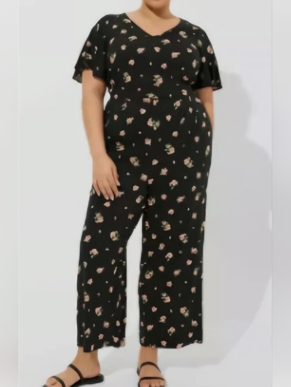 Torrid Black Floral V-Neck Butterfly Sleeve Wide-Leg Jumpsuit